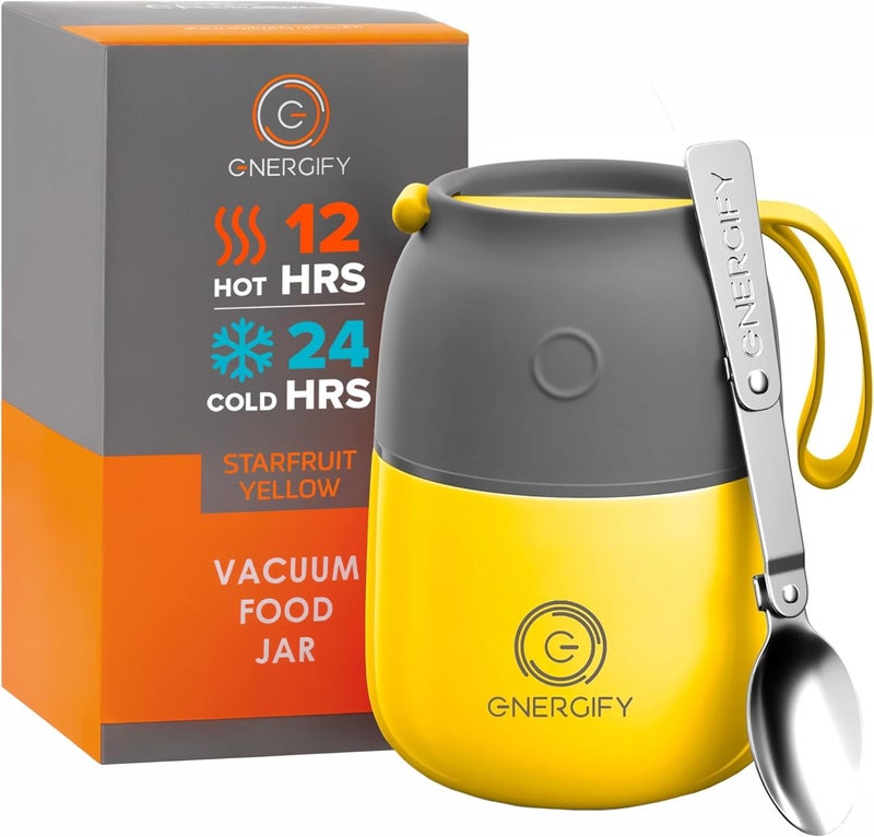 ENERGIFY Vacuum Insulated Food Jar. Large 12oz Bowl incl. Folding Spoon, Cup. Wide Mouth Keep Hot & Cold Drinks Soup Lunch Container for Adults. BPA-Free Stainless Steel, Leak Proof Yellow - Image 1